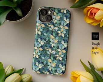 Green Botanical Floral Mosaic Art iPhone tough shockproof case 15 14 13 12 11 Pro Plus Pro Max Mini | Glossy or Matte