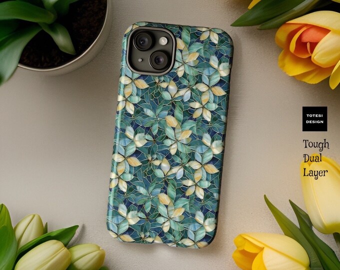 Green Botanical Floral Mosaic Art iPhone tough shockproof case 15 14 13 12 11 Pro Plus Pro Max Mini | Glossy or Matte