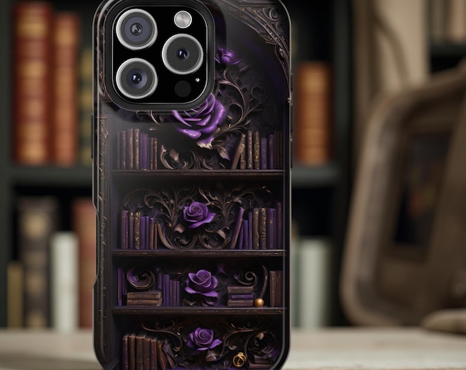 MagSafe Dark Academia iPhone Goth Purple Bookshelf iPhone Tough Case, Library Magical MagSafe 13 14 15 16 Pro Max Plus, Bookcase, bookworm