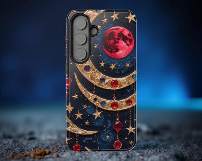 Red Moon Celestial Bling Art Tough Phone Case, Samsung Galaxy S25 S24 S23 S22| iPhone 16 15 14 13 12 11 Pro Max plus,