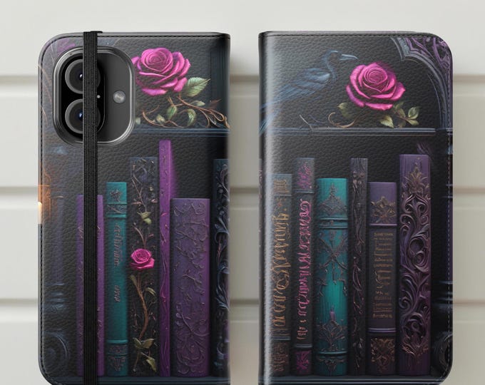 Gothic Bookshelf Books Raven Flip Cases, Phone Cover Stand, Gift for Niece, Daughter Birthday, Samsung iPhone Card Holder stand