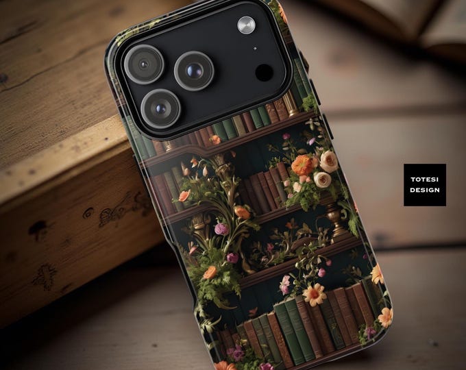 Bookworm Bookshelf Phone Case: Vintage Floral Art, Tough Dual Layer