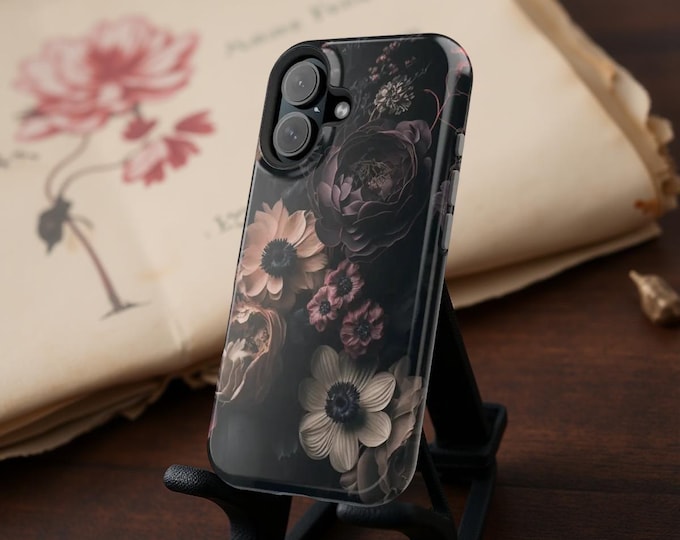 Dark Romantic Floral iPhone Case – Black Vintage Bookish Gothic Flower MagSafe Tough Cover