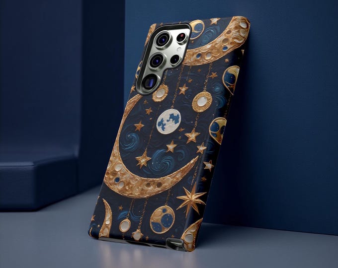 Abstract Celestial Art Blue Lunar Crescent Stars Tough Phone Case, Samsung Galaxy S25 S24 S23 S22| iPhone 16 15 14 13 12 11 Pro Max plus,