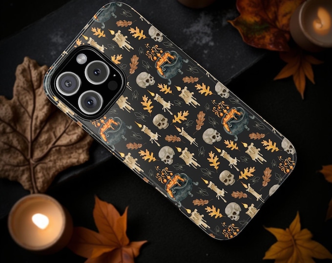 Black Halloween Party, Gothic Skulls Samsung case - cute, witchy, skulls, scary, pumpkin fun Samsung Galaxy, iPhone, Google Pixel Covers