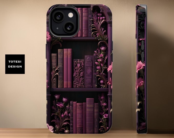 iPhone case MagSafe Comp.  Dark Academia Books bookshelf magnetic pink whimsical  tough case 13 14 15 16 Pro Max Plus Mini | Glossy or Matte