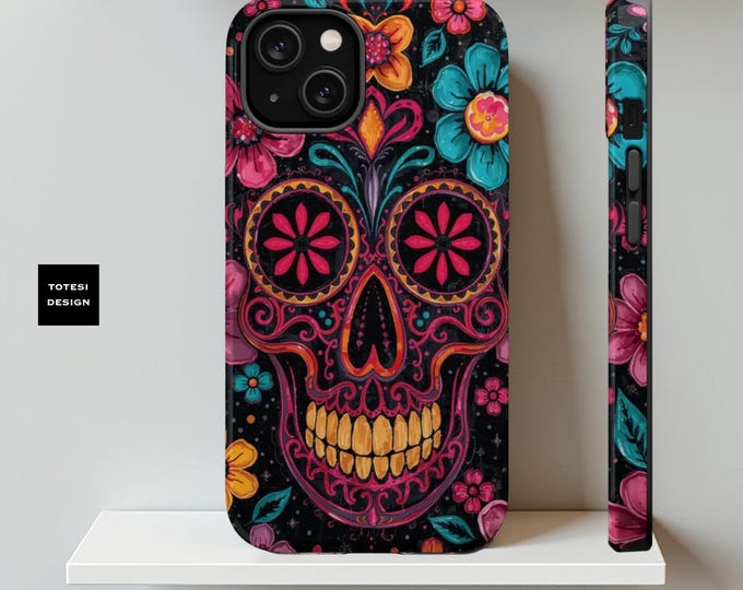 Tough Phone Case, Colorful Floral Goth Skulls iPhone 16 15 14 13 Pro Max Plus, Gift for Birthday, Matte Glossy, Magnetic Tough Cases