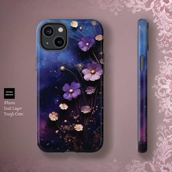 Dark Violet Floral Art Aesthetic iPhone Tough Case 15 14 13 12 11