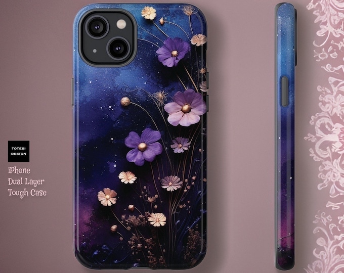 Dark Violet Floral Art Aesthetic iPhone Tough Case 15 14 13 12 11 Pro Max Plus Mini| Glossy or Matte| Gift for Flower Lover