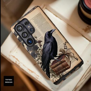 Gothic Raven & Books Phone Case - Dark Academia Aesthetic