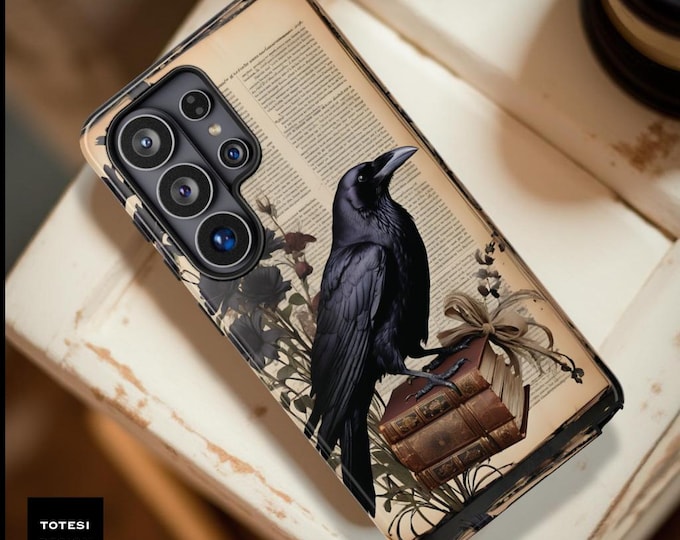 Gothic Raven & Books Phone Case - Dark Academia Aesthetic