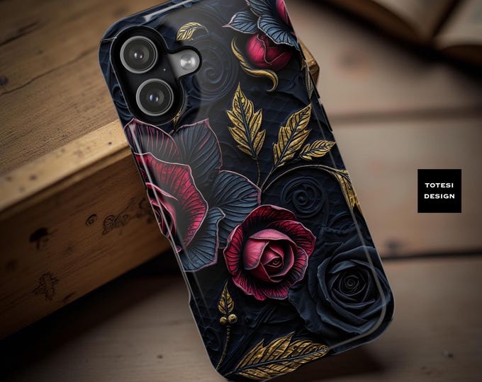 Gothic Floral iPhone Case: Elegant Dark Winter Art, Impact Resistant, wireless flat charge
