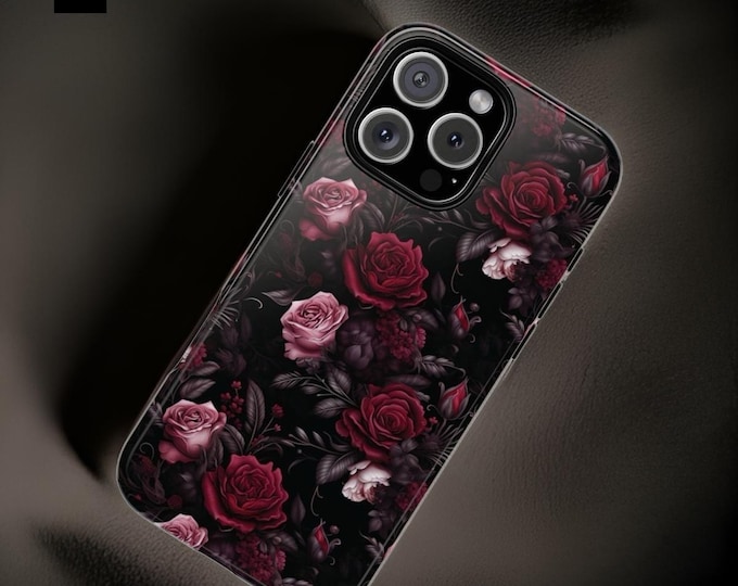 Tough Cases, Dark Floral iPhone Case, Pink Black Witchy Goth Phone Cover, iPhone 16 15 14 13 12 11 Pro Max Plus, Academic Style, Magical