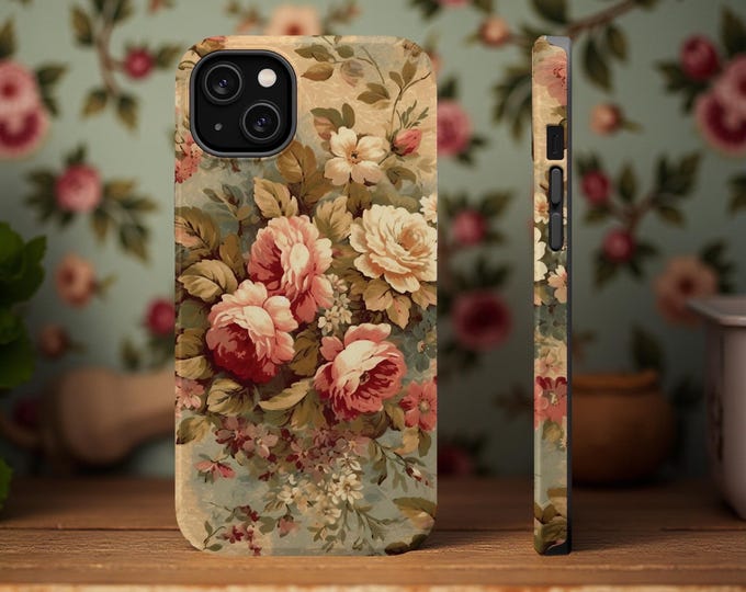 Vintage Floral Spring Aesthetic MagSafe iPhone Tough Case, Dual Layer Magnetic Phone Cover, Protective Floral Phone Case, 16 15 14 13
