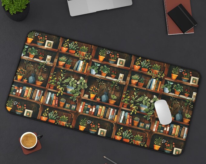 Botanical Bookshelf Desk Mat - Cozy Home Office Decor, Plant Lover Gift, Greenery Mouse Pad, Book Lovers, Nature Inspired Desk Accessory