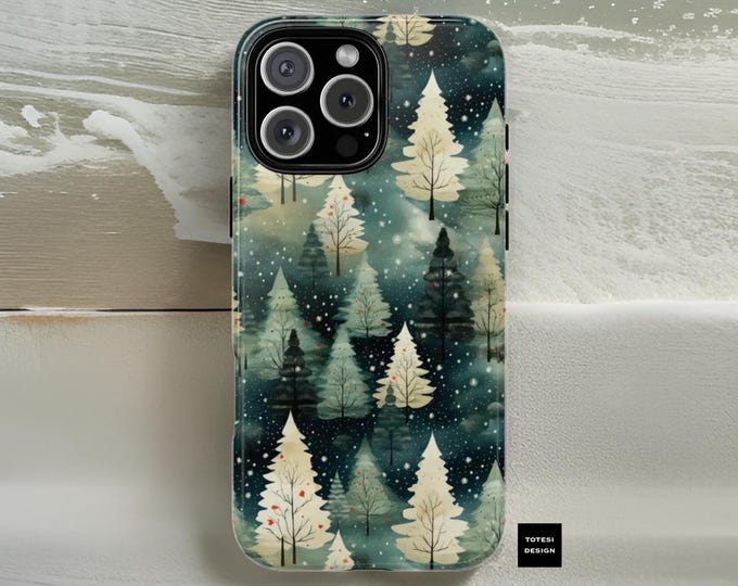 Watercolor Green iPhone case Nature Forest Christmas Trees tough cases iPhone 16 15 14 13 12 11 Pro Max Plus Mini Glossy or Matte