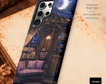 Cozy Moonlit Library phone case | Celestial Nightbook Cottage