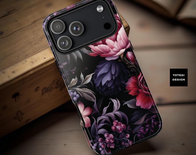 Dark Purple  Floral Academia, iPhone Case 17 16 15 14 13 12 11 Samsung Galaxy Tough Case S25 S24 S23 S22 S21 Plus Ultra|  Gothic floral