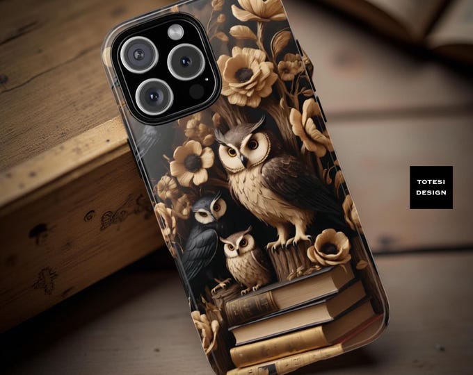 Books Goth Wise Owls dark academia iPhone Samsung Galaxy phone cases S25 S24 S23 S22| iPhone 16 - 11, Google Pixel, book owl lover gift