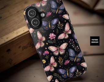 Pink Moth Floral Dark Phone case| Samsung and iPhone tough protection| celestial midnight garden aesthetic| phone case her