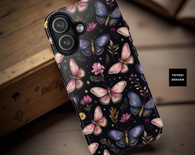 Pink Moth Floral Dark Phone case| Samsung and iPhone tough protection| celestial midnight garden aesthetic| phone case her