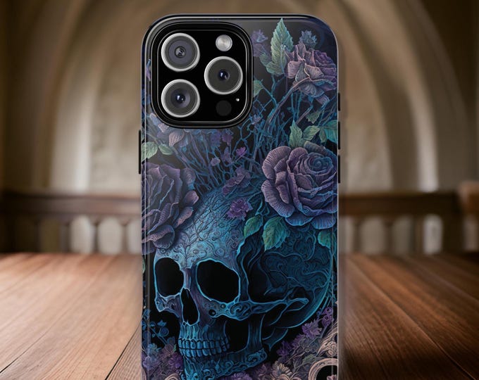 Gothic Skull Roses, iPhone Samsung Galaxy tough phone cases S25 S24 S23 S22 S21 Plus, Ultra| 16 15 14 13 12 11 Pro Max Plus Glossy or Matte