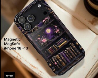 Purple Celestial bookcase iPhone MagSafe Case, Witchy Book Stuff, Spell Books, Magnetic Tough Cases