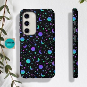 Dark neon, stars, moon, celestial, goth, witchy | Tough Cases | S22, S23 Plus, Ultra| Flowers| Glossy| Matte