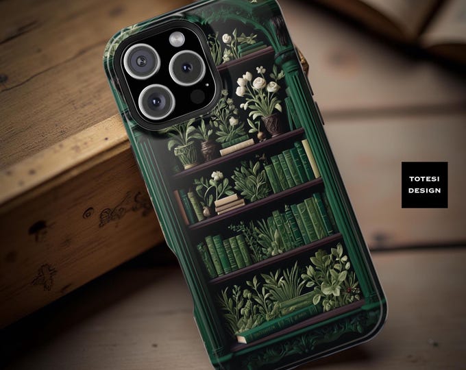 Bookshelf iPhone Case: Whimsical Floral Book Design, Magnetic, Tough