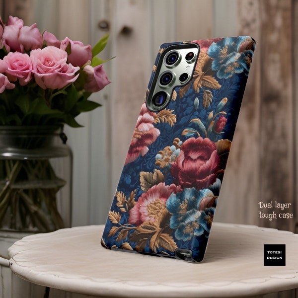 Soft velvety vintage blue pink dark Gothic Floral Art Samsung Tough Cases S23 S21 S20 Plus Ultra | Glossy or Matte