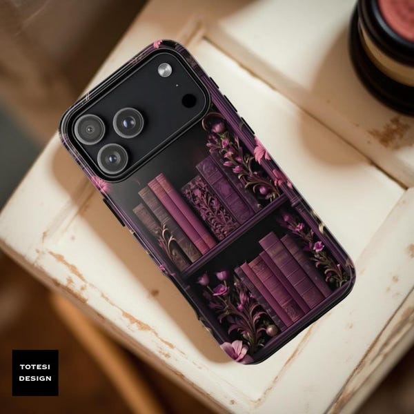 Floral Bookshelf Bookish Tough  Phone Case: Pink Purple Bookish Library
