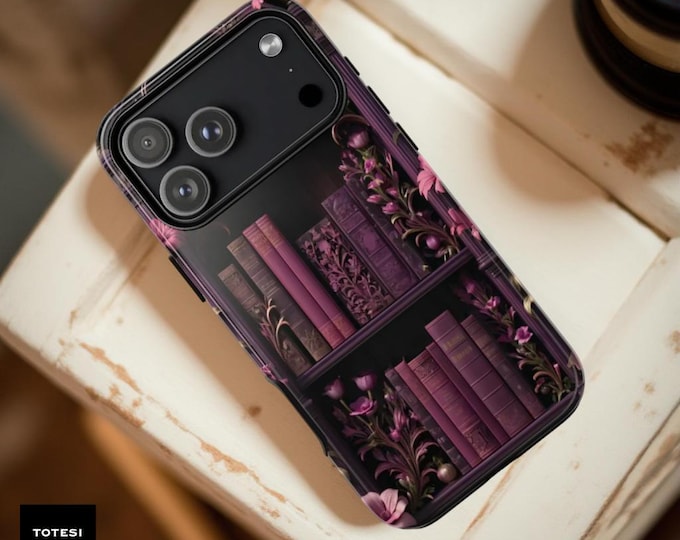 Floral Bookshelf iPhone 17 16 15 Tough Case: Pink Purple Bookish Library
