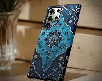 Boho Chic Blue Hippie Floral Ornate Mandala Tough iPhone Case, Samsung iPhone Google