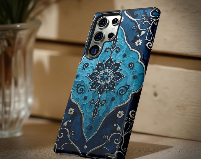 Boho Chic Blue Hippie Floral Ornate Mandala Tough iPhone Case, Samsung iPhone Google