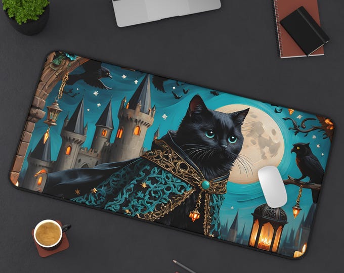 Mystical Black Cat Desk Mat - Enchanting Mouse Pad, Halloween Decor, Witchy Office Accessory, Gift for Cat Lovers, Spooky Home
