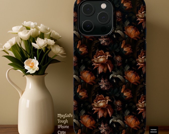 Dark Floral brown MagSafe Compatible Floral Vintage style Art aesthetic iPhone 13 14 15 Pro Max Plus Mini | Dual layer | Glossy or Matte