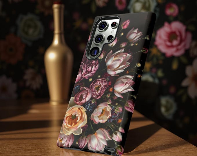 Dark Floral Academia, iPhone Tough Case 11, 12,13,14 15 16 Pro Max Plus Samsung Galaxy| ornamental Victorian Gothic floral,Glossy or Matte