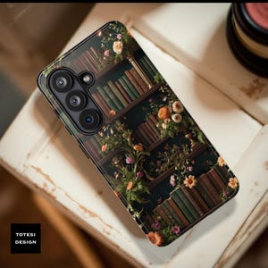 Floral Bookshelf Tough Phone Case, Vintage Bookworm Aesthetic
