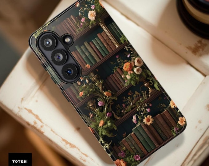 Floral Bookshelf Tough Phone Case, Vintage Bookworm Aesthetic