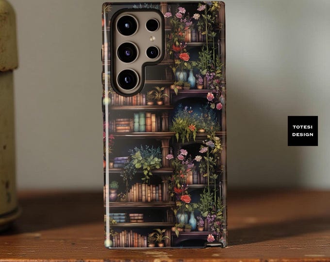Whimsical Bookshelf Garden Samsung Case: Dark Academia Tough Phone Cover