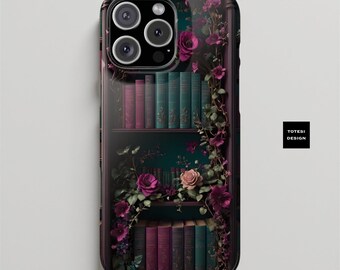 Bookworm Vintage Bookshelf Slim Phone Case, Green Purple iPhone Cover, Cute Book Lover Accessory, Gift for Bookworms, Stylish Smartphone