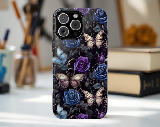 Dark floral butterflies tough phone case Samsung Galaxy S25 S24 S23 Plus Ultra, iPhone 11 - 16 , Google  Birthday Gift