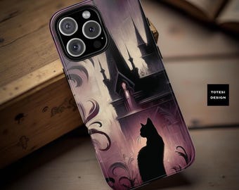 Gothic moody black cat castle halloween accessories iPhone tough case 17 16 15 14 13 12 11 Samsung S24 S23 S22