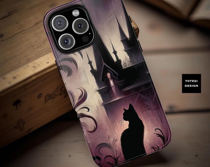 Gothic moody black cat castle halloween accessories iPhone tough case 17 16 15 14 13 12 11 Samsung S24 S23 S22