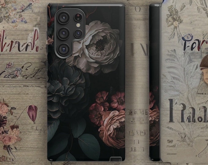 Dark Floral Academia, Samsung Galaxy Tough Case S23 S22 S21 Ultra Plus| ornamental Victorian Gothic Black | Glossy Matte
