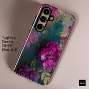 May include: A teal, purple, and gold floral phone case with a camera cutout. The case is designed for Samsung S20-S24 and iPhone 11-15.