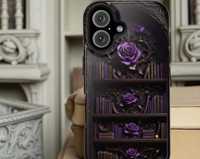 MagSafe Dark Academia iPhone Goth Purple Bookshelf iPhone Tough Case, Library Magical MagSafe 13 14 15 16 Pro Max Plus, Bookcase, bookworm
