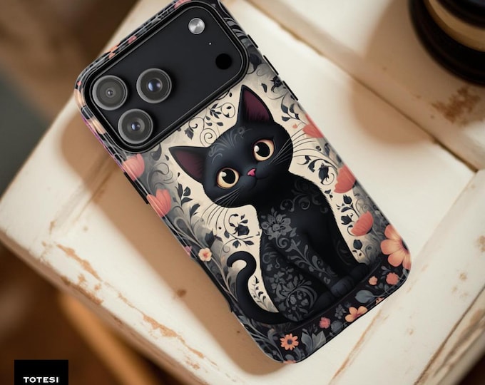 Black Kitty Cat Floral Phone Case: iPhone 16 17, Samsung Galaxy S26 S25Tough Cover
