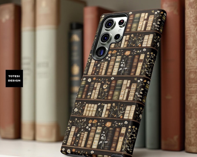 Botanical Bookish Tough Case, Floral Bookshelf Phone Cover, Samsung Google iPhone dual layer sturdy cases