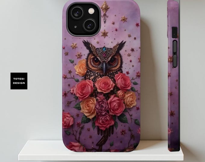 Celestial Owl Roses iPhone Case, Whimsical Phone Cover, Goth Gift, MagSafe Tough Case, Glossy Matte, Birthday Daughter